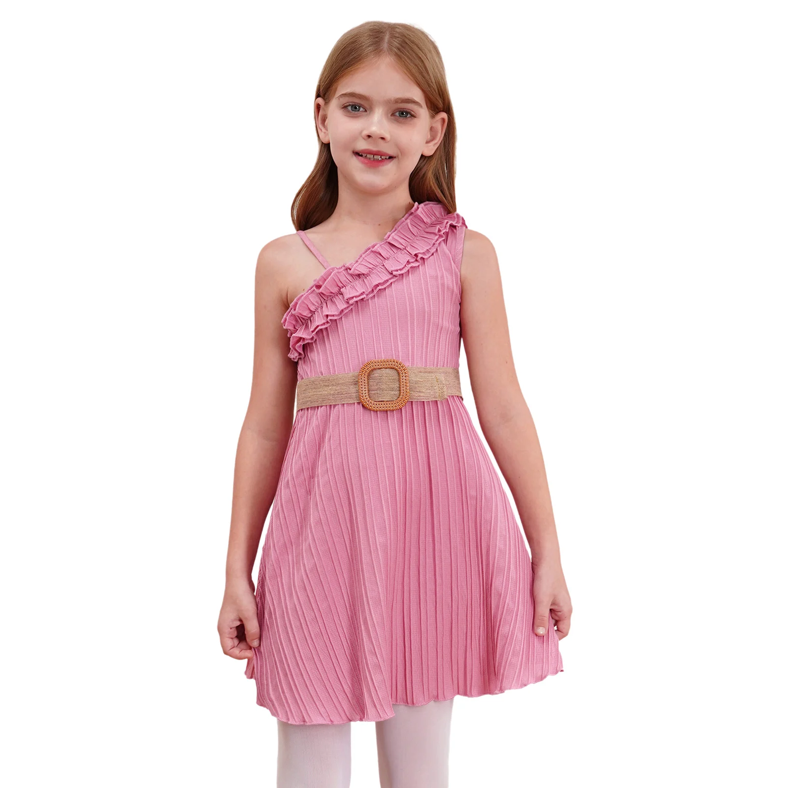 

Kids Girls Elegant Suspender Dress Ruffled Trim One Shoulder Sleeveless Solid A-line Swing Skirt with Belt for Birthday Party