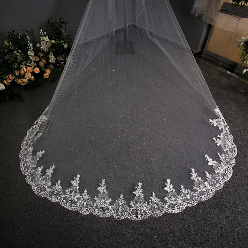 Braut Hochzeit Lange Mopp Schleier Kopfschmuck Reine Weiße Spitze Gedruckt Prinzessin Hochzeit Schleier