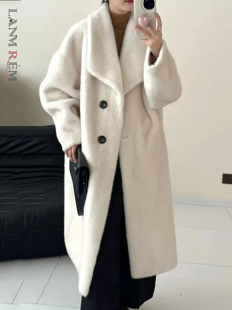 

LANMREM Elegant Imitation Mink Coat For Women Lapel Single Breasted Solid Color Long Coats 2024 Winter New Clothing 2Z2628