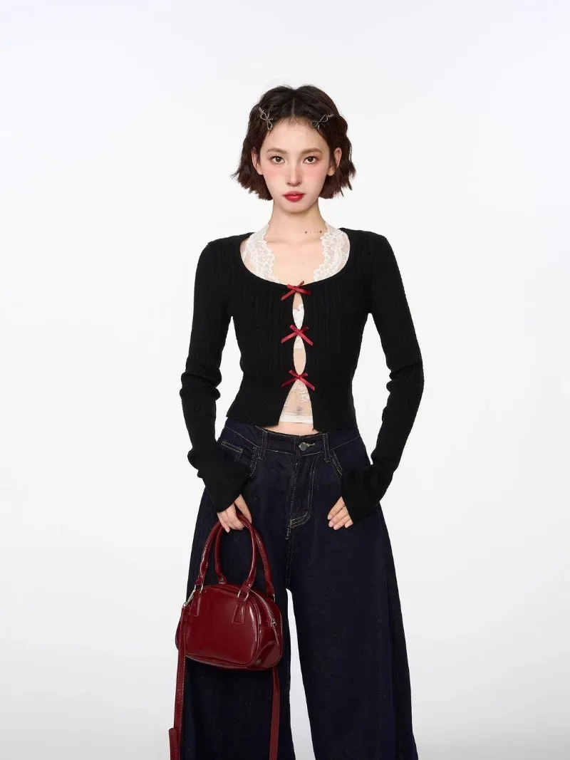 

Sweet Sexy Sweater Suits Black Bow Hollow Long-sleeved Knitted Pullover Inner Lace Halter Crop Top Autumn Women's Two Piece Set