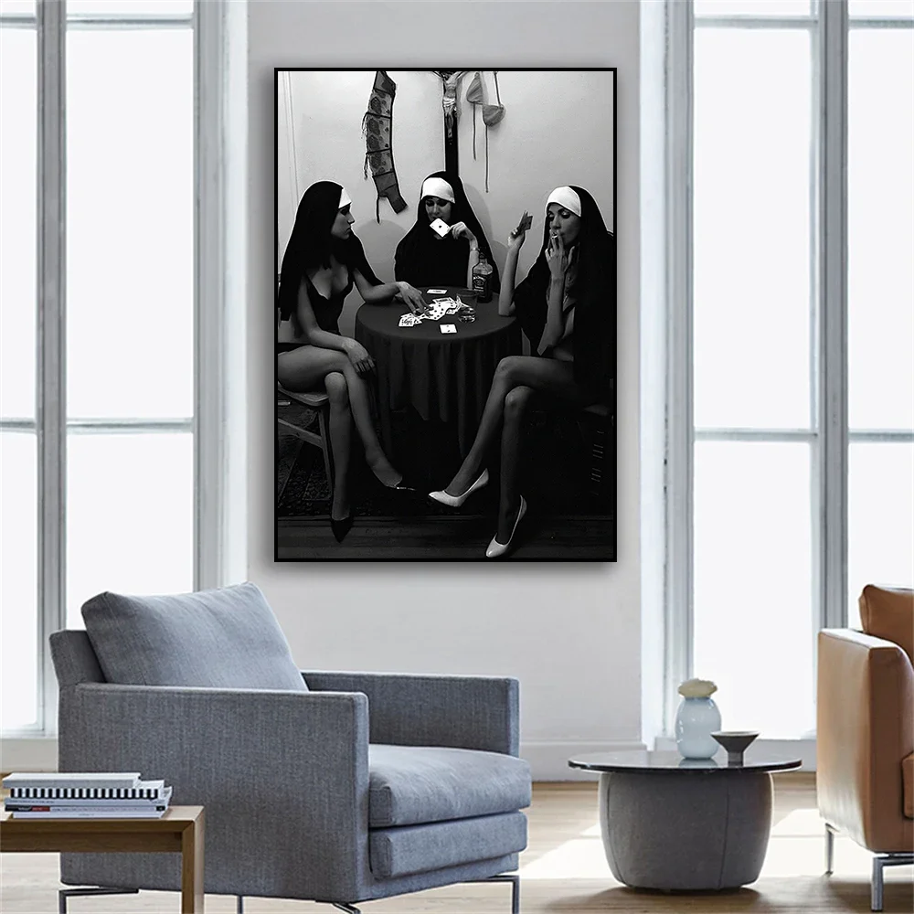 لوحة قماشية للنساء ، راهبات تدخين ، طباعة صور ، صورة امرأة ، ملصق فن سجائر ، أسود وأبيض ، بار عتيق ، ديكور غرفة النوم