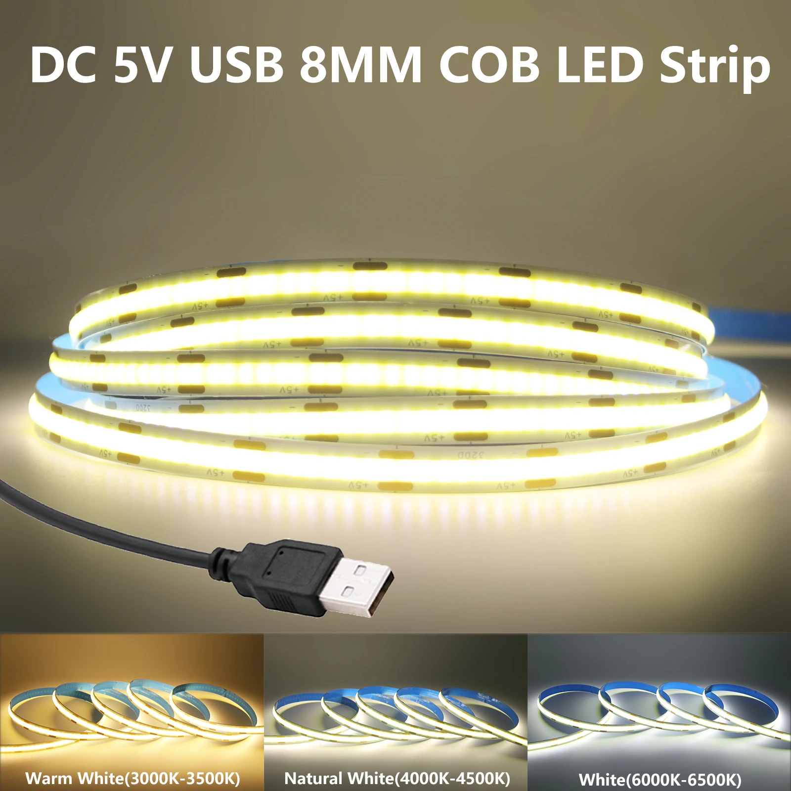 0.5m 1m 2m 3m 4m 5m 5V USB COB LED Strip 5V 320LEDs/m Flexible Tape for Room TV Backlights 3000K/4000K/6000K COB Light Strip