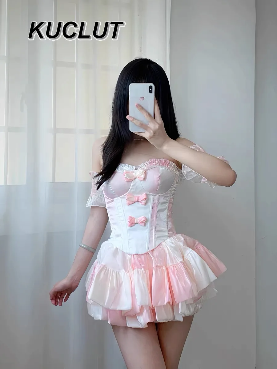 

Летние комплекты из двух предметов, женские наряды, модное милое вечернее платье в стиле принцессы, комплект из топа и юбки с открытыми плечами для девочек