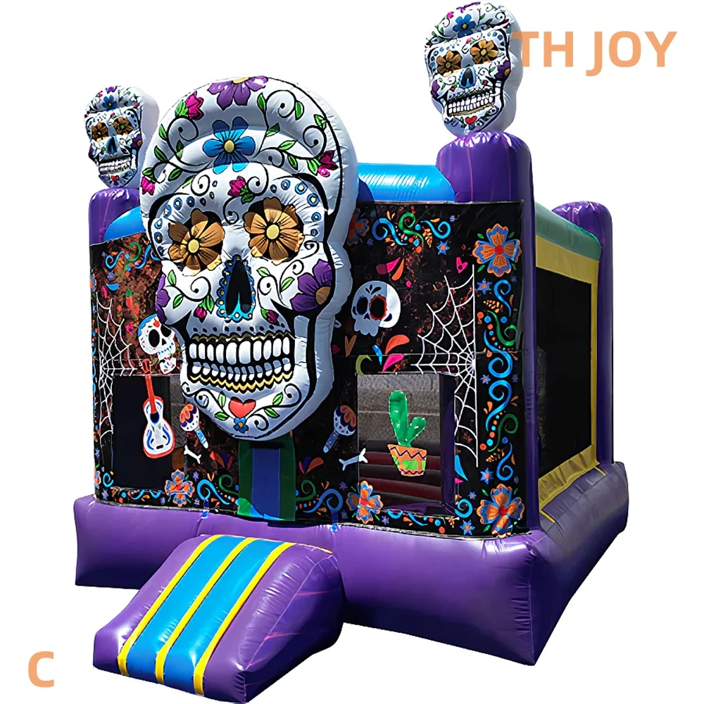 Livraison aérienne rapide à porte, nouvelle maison de rebond gonflable d'halloween 2025, maison de cavalier de tête de crâne personnalisée pour enfants