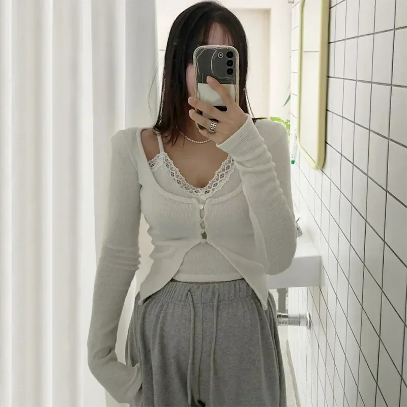 Harajuku U คอ Cropped เสื้อสเวตเตอร์ถัก + Y2k Aesthetic Lace Patchwork ผู้หญิง 2 ชิ้นชุด Fairy Vintage Femme Streetwear