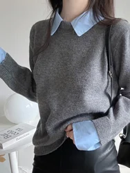 Autumn New Style Women's Shirt Collar Knitted Sweater Gray Inner Wear Casual Design Sense Long Sleeve Short Length Color
