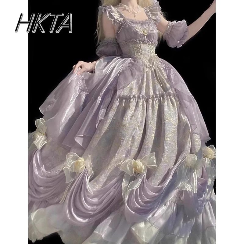 Lolita Elegant Flying Sleeve Shoulder Purple Birthday Evening Dress Women Summer New Gorgeous Student Day Princess Long Dress\