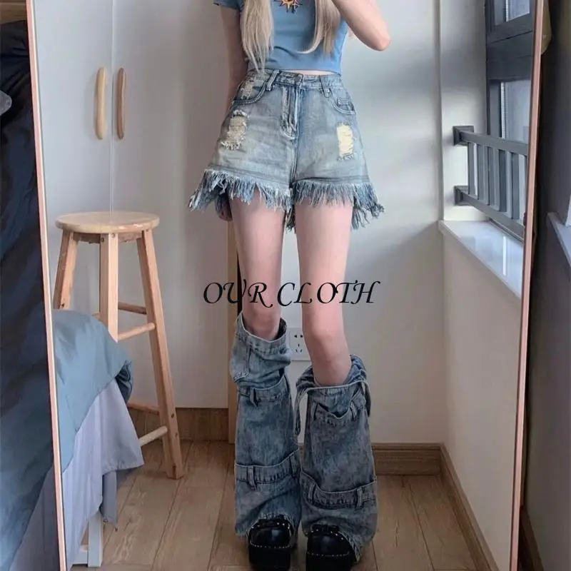 Asymmetrical Washed Jeans Leg Warmer with Bandages Strap Punk Flared Boot Covers Y1AC