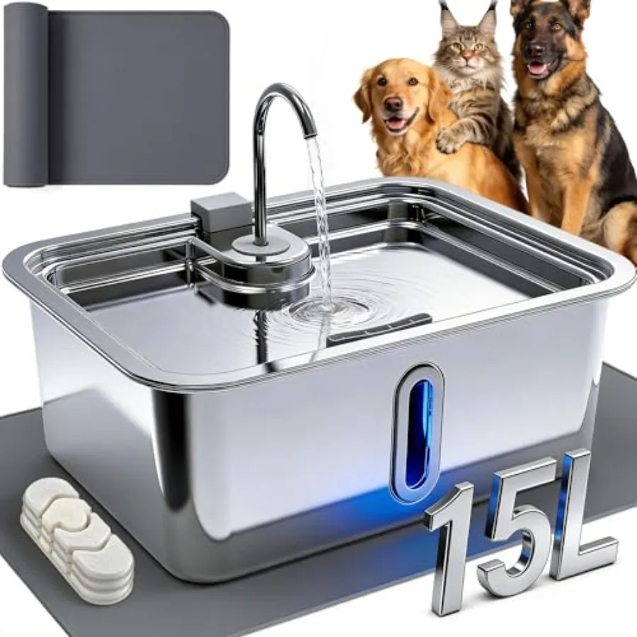 

15L/4Gal Large Dog Water Fountain with Pet Feeding Mat and 3 Filters Stainless Steel Pet Water Fountain for Dogs Cats Dog Water