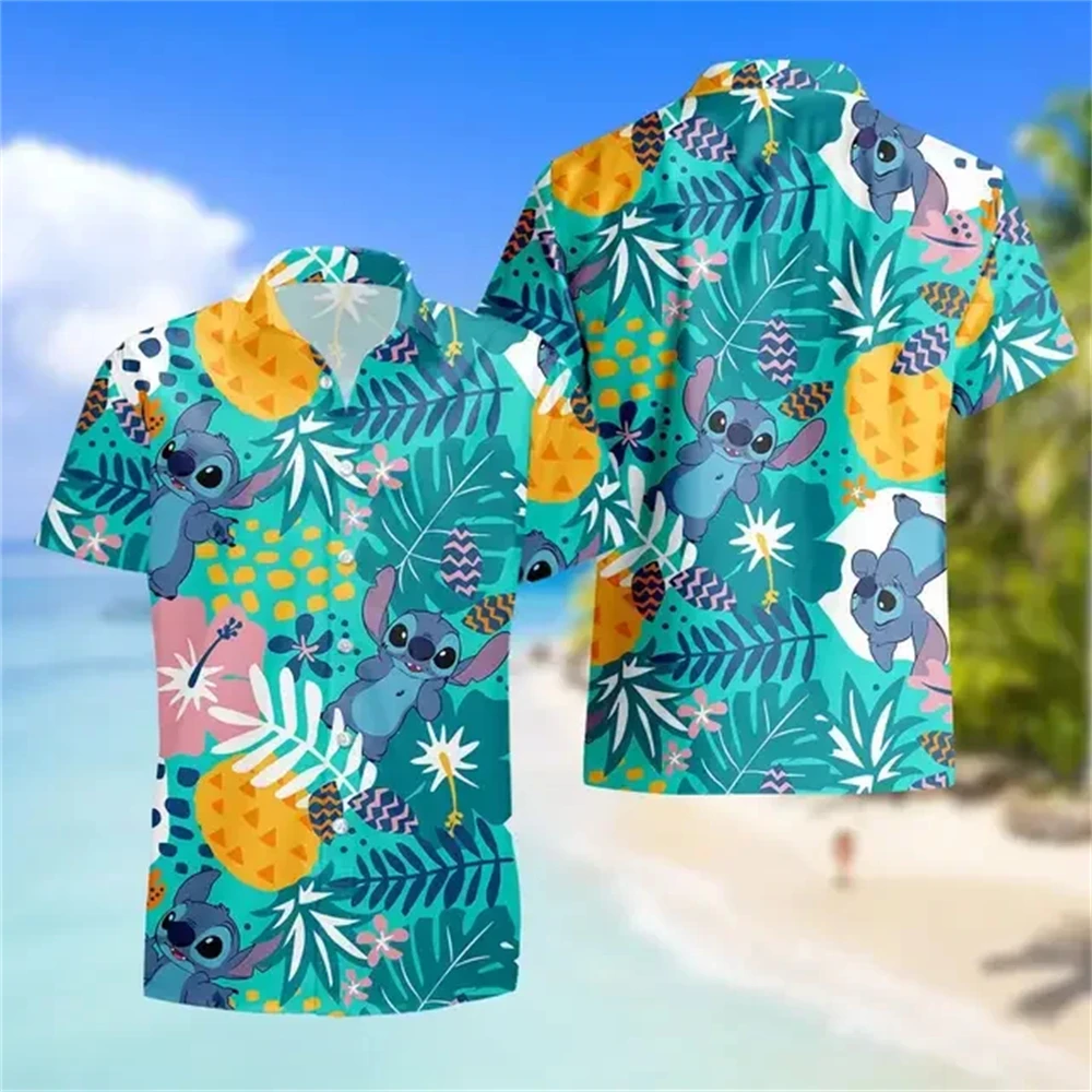 MINISO Stitch and Lilo Hawaiian Shirts Summer Fashion Short Sleeve Shirts Men Women Casual Beach Shirts Kids Hawaiian Shirts