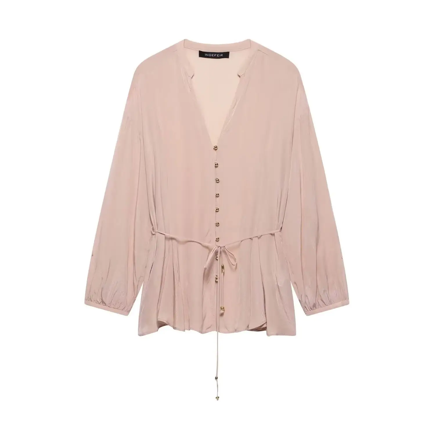 

KONDALA шикарные женские рубашки, мода 2024, весна, с v-образным вырезом и поясом, свободная блузка, милые однобортные повседневные женские длинные рубашки