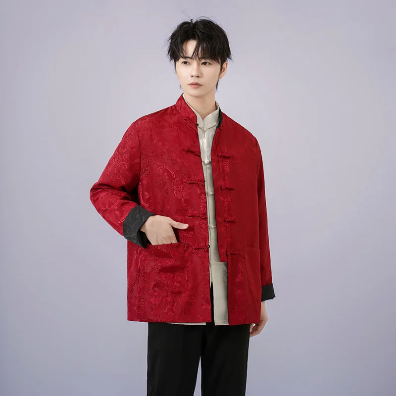 

Тан куртка мужская кунг-фу тай-чи униформа ушу одежда китайский шелковый верх воротник винтажная двусторонняя мужская рубашка с длинными рукавами костюм