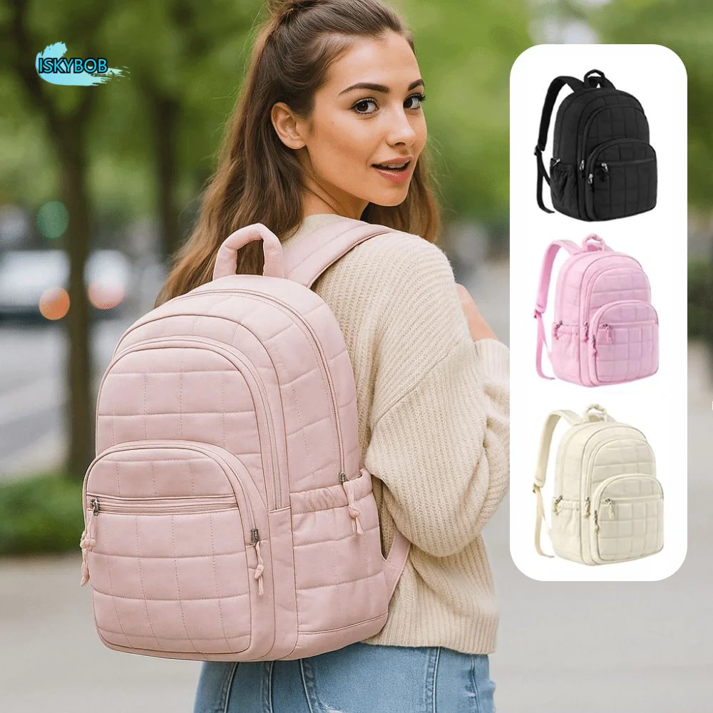 

Creative Travel Backpack Quilted Plaid Fashionable Students School Bags Adjustable Straps Solid Color College Student Backpack