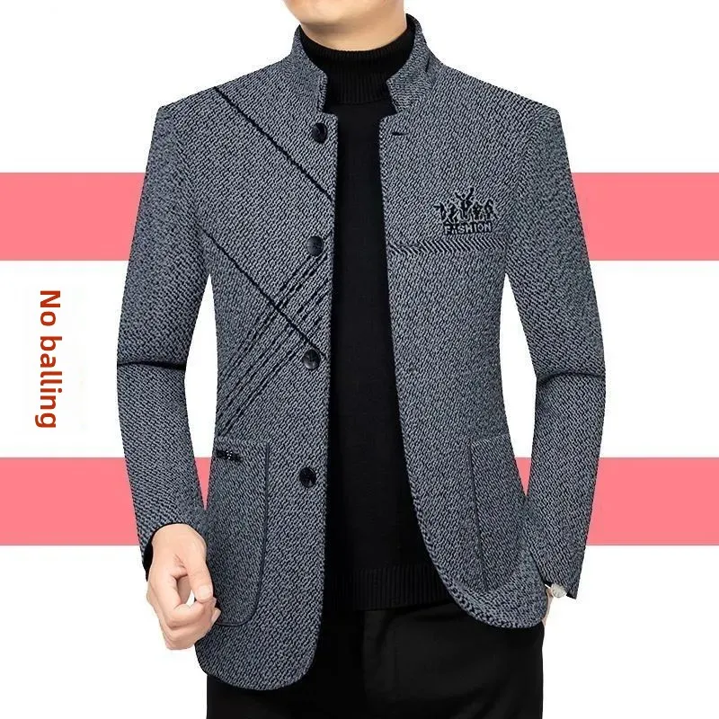 

Thiened Fce Men's Woolen Coat Autumn Winter Busin Casual Stand Collar Jaet for Middle-Aged And ly