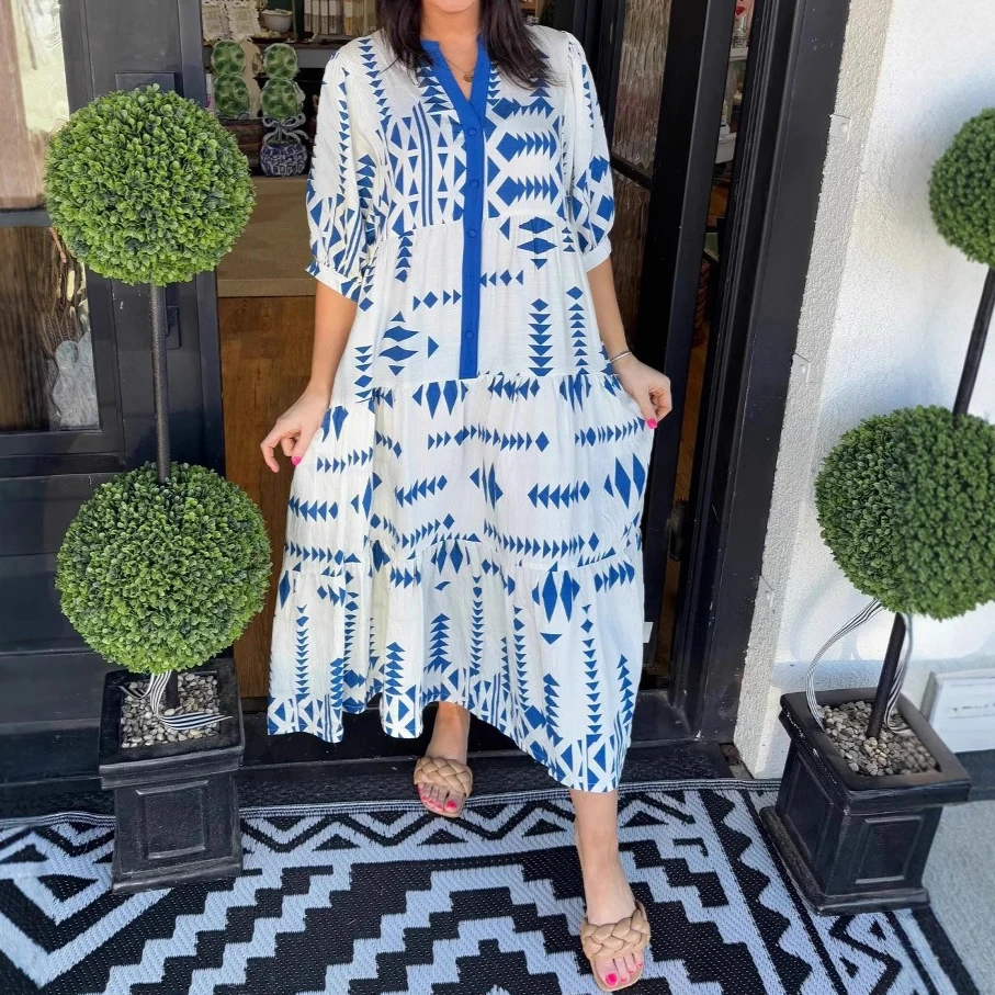 

Maxi Dress Women Long Dresses A Line Vestidos Streetwear V Neck Half Sleeve Elegant High Waist Y2k Casual Loose Summer 2025