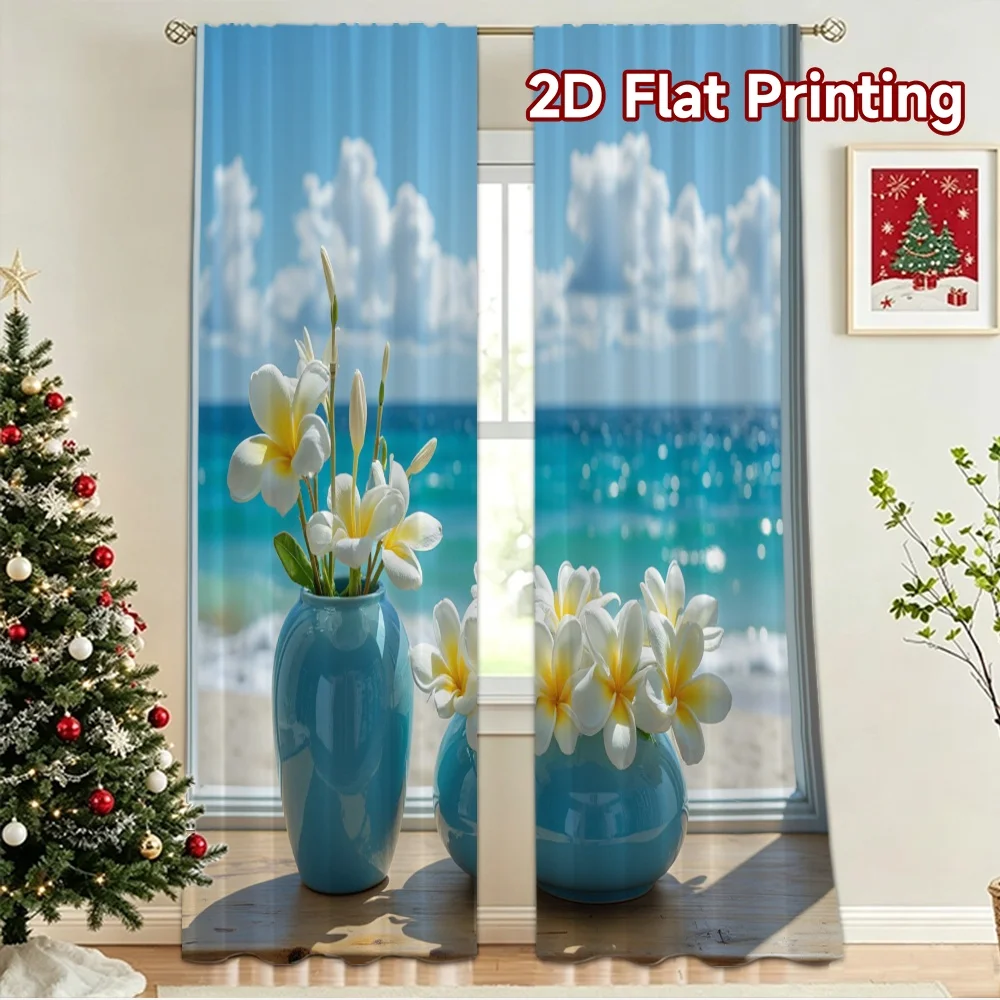 2D flat 2pcs Curtain French Romantic Style Beach Flowers Digitally printed polyester Party & Holiday Decor for Holiday Portraits