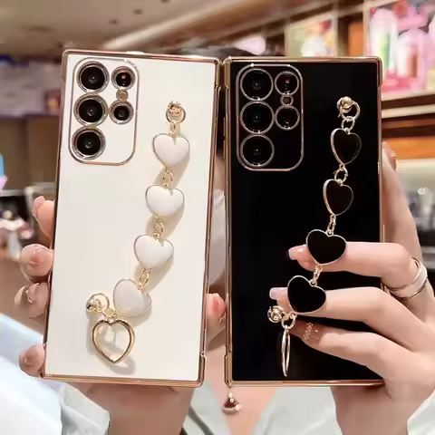 Fashion Plating Love Heart Bracelet Chain Phone Case For Samsung Galaxy S26 S25 Ultra S24 S23 FE S22 S21 S20 S10 Plus Back Cover