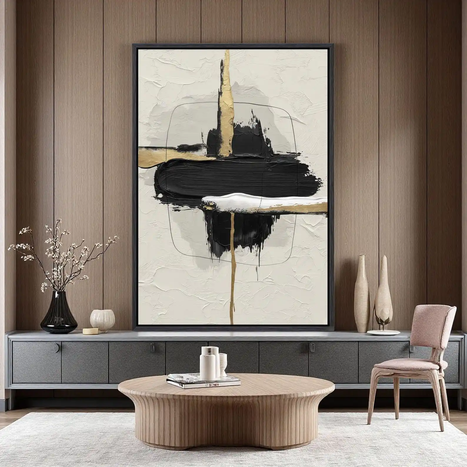 Mhemyo Minimalist Abstract Black Gold Textured Modern Art for Home or Office Neutral Original Handmade Painting Large Wall Art