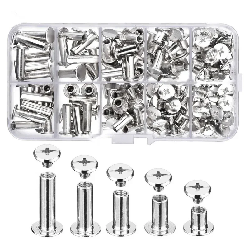 80Pcs Studs Rivets Snap Rivet Bolts and Nuts M5 6/10/12/15/18mm Books Butt Screw Photo Album Binding Screw Fasteners Kit