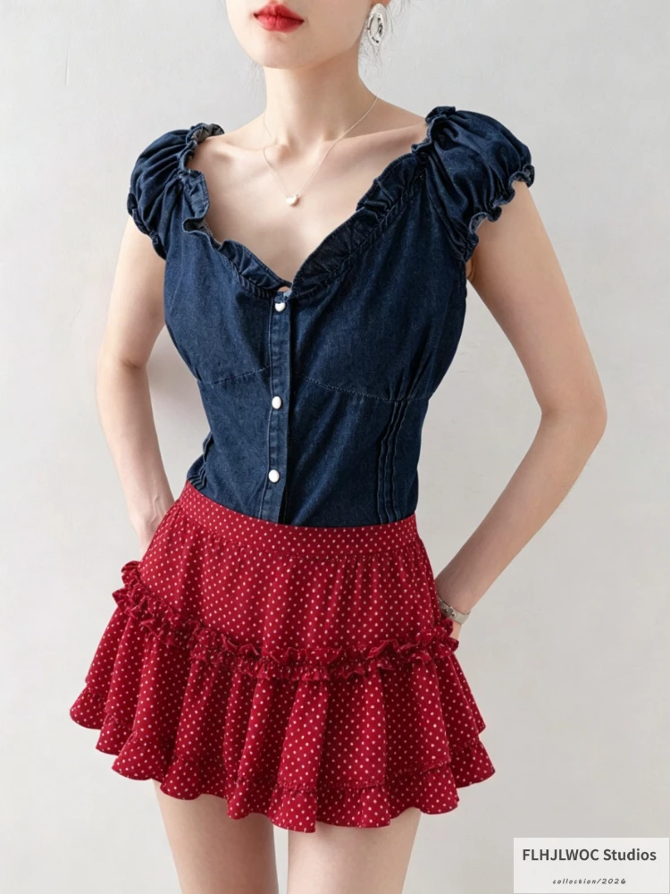 Short Crop Denim Shirts Women's French Style Blue Short Sleeve Blouse 2026 Summer Bandage Slim Waist Cute Puff Sleeve Casual Top
