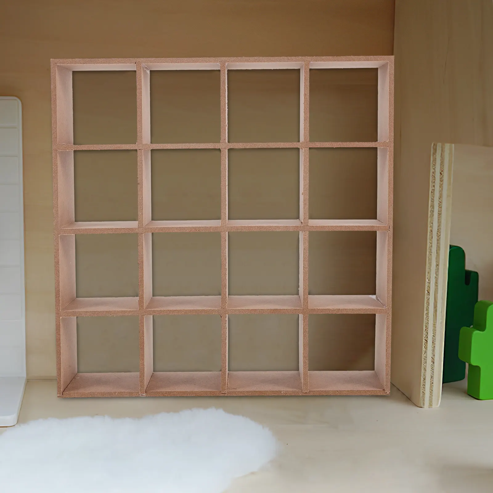 Miniature Wooden Storage Rack 16 Grid Shelf Unfinished Mdf Dollhouse Wall Bookshelf Display Furniture Accessories Light Yellow