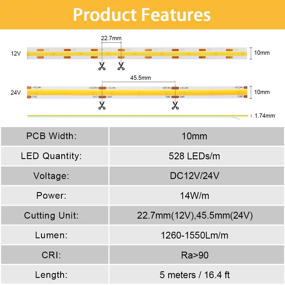 Dimmable COB LED Strip Light 528LEDs/m 16.4ft Flexible RA90 LED Tape 3000K 4000K 6500K Led Lighting 12V 24V For Room Decoration