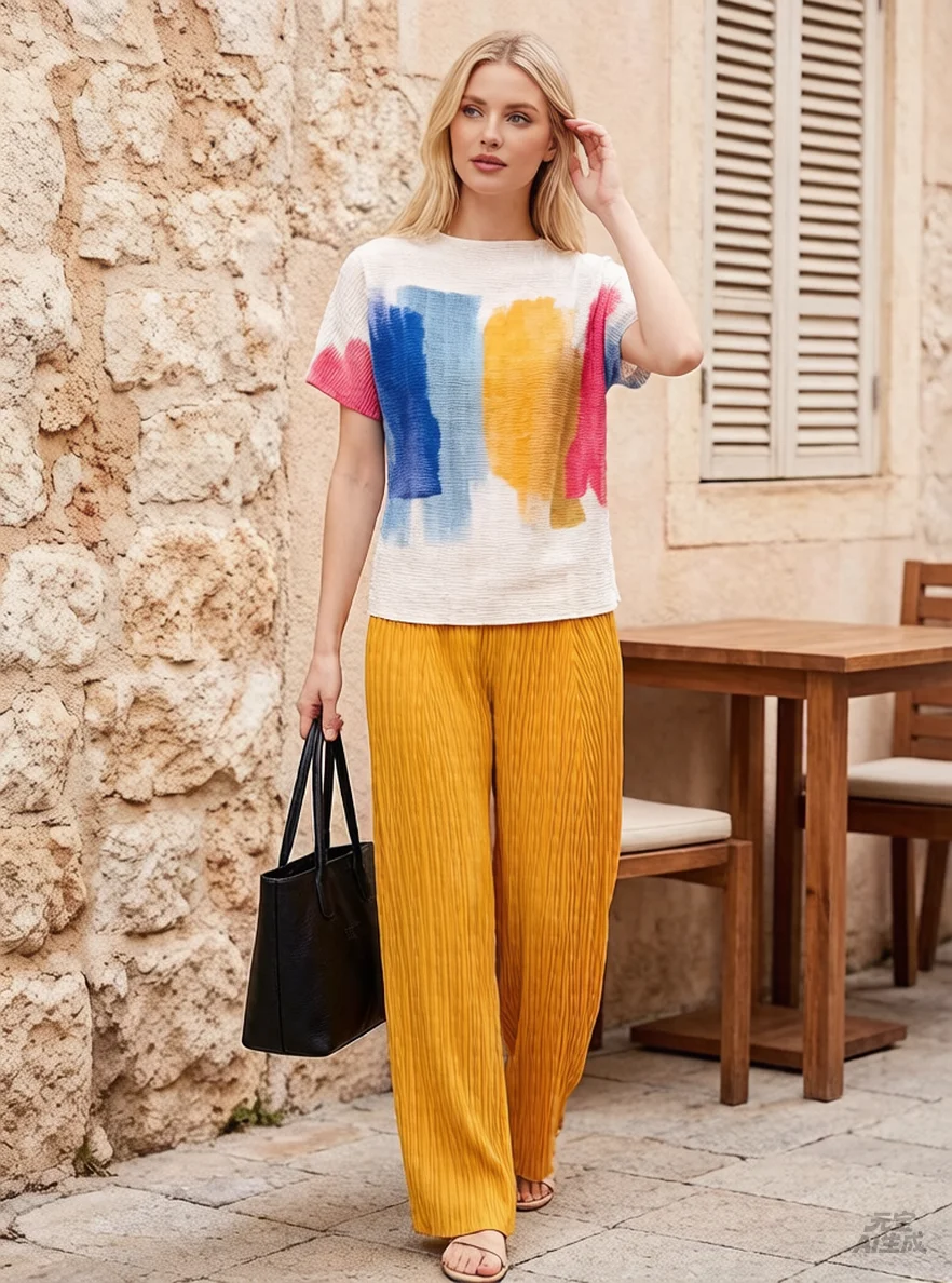 

Miyake Pleats Spring/Summer 2026 New Collection Minimalist Pleated Print Top Round Neck Loose-Fit Versatile T-Shirt for Women