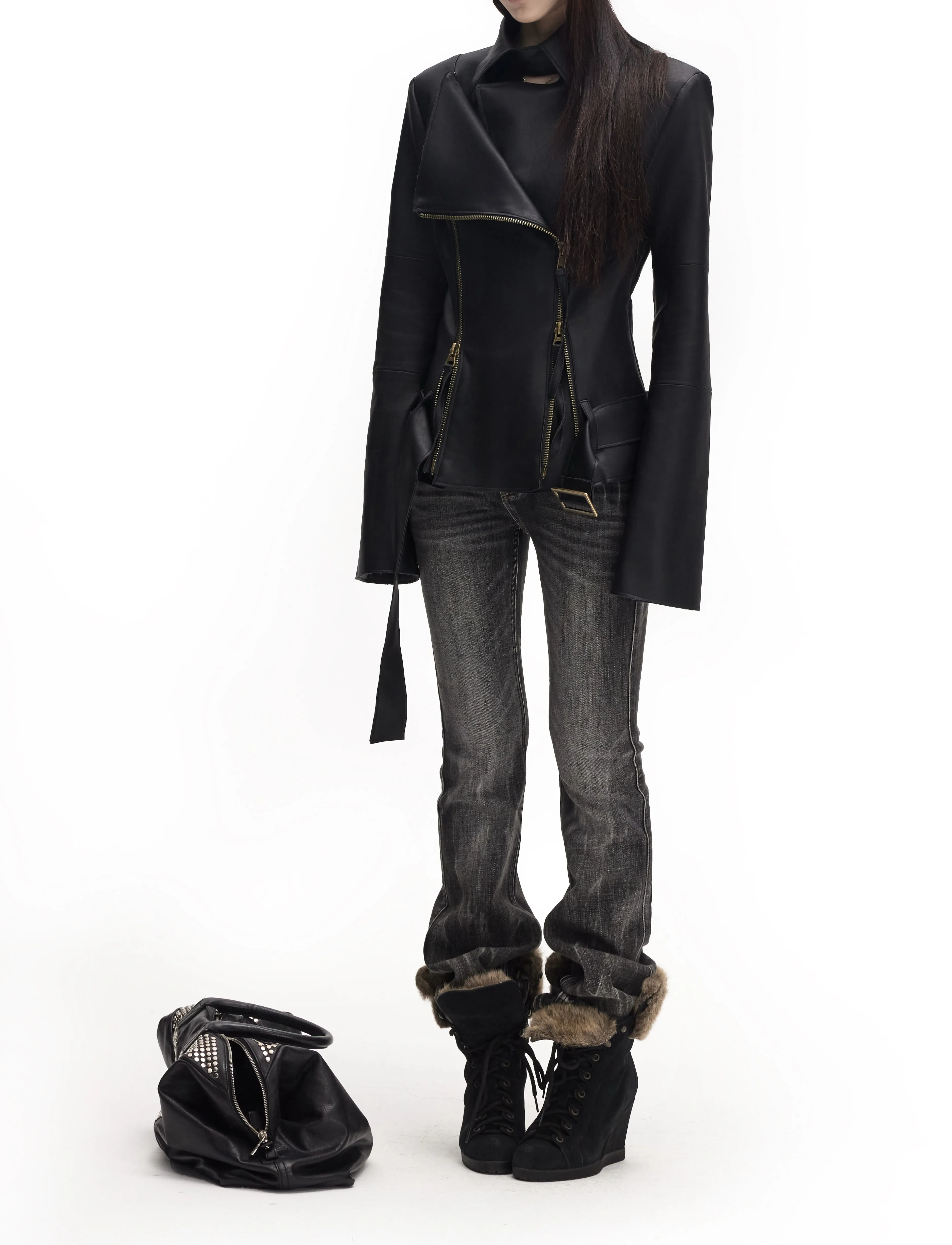 Lautaro Spring Autumn Cool Handsome Soft Black Pu Leather Jacket Women Long Sleeve Double Zippers Luxury Clothes Runway Fashion