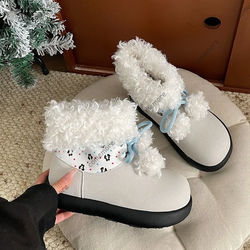 

Comemore Winter Warm Plush Ankle Boots for Women Flat Bottom Padded Lace Up Casual Cotton Shoes Slip on Mixed Color Snow Booties
