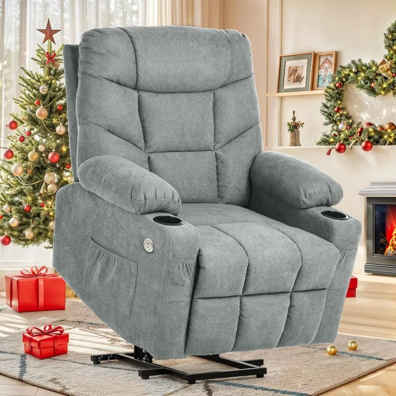 YITAHOME Electric Power Lift Recliner Chair,Fabric Recliner Chair with Massage and Heat,USB Ports,Cup Holders,Side Pockets, Grey