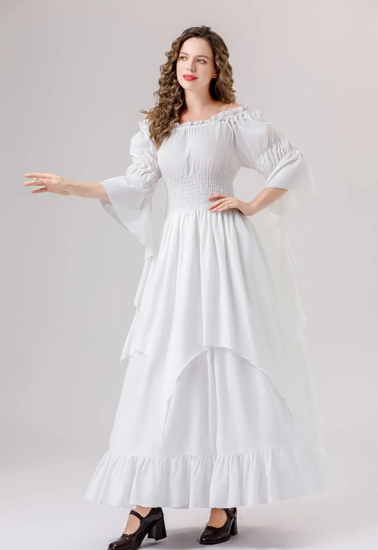 Renaissance Women European Medieval Boho Petticoat Short Sleeves Off Shoulder Smocked Waist Dresses Long Dress Costume