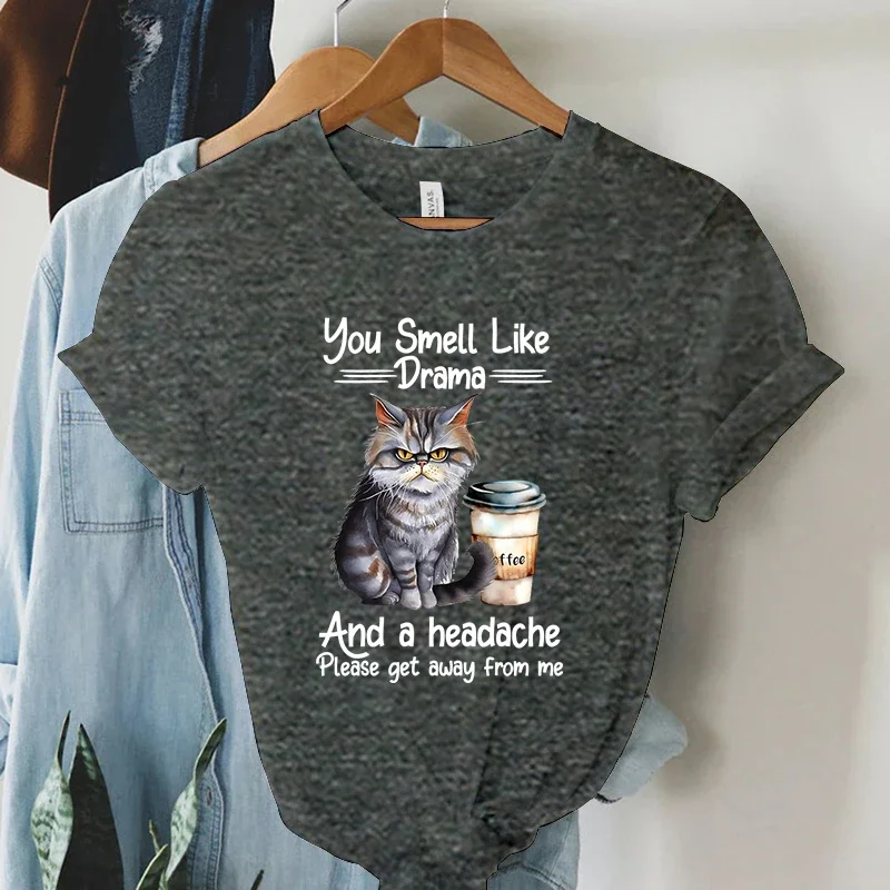 Coffee Cat T Shirt Fashion Casual Tee Shirt Female Black Cat Graphic T Shirt New Spoof Women Clothing High Street Camiseta Mujer