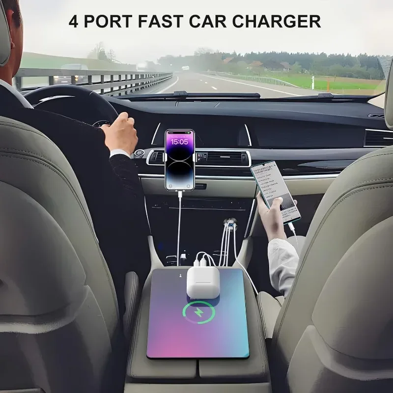 

4-портовое интеллектуальное автомобильное зарядное устройство с дисплеем напряжения, двойной PD 45 Вт + двойная технология быстрой зарядки QC 18 Вт, универсальная розетка 12 В/24 В