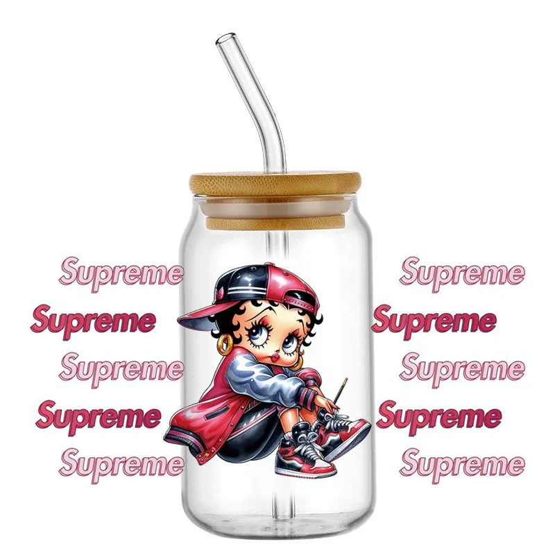 Hip-Hop Streetwear Girl UV DTF Wraps Urban Style Stickers for 16oz Glass Cans Waterproof DIY Transfer Decals