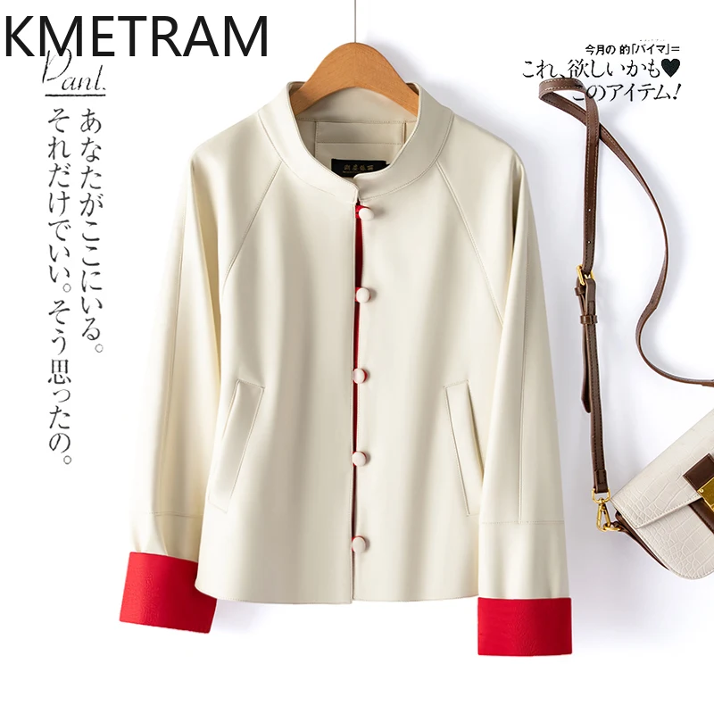 KMETRAM Natural Sheepskin Leather Jacket for Women 2024 Spring Women's Jackets Casual Short Coats New Chinese Style Women Coat