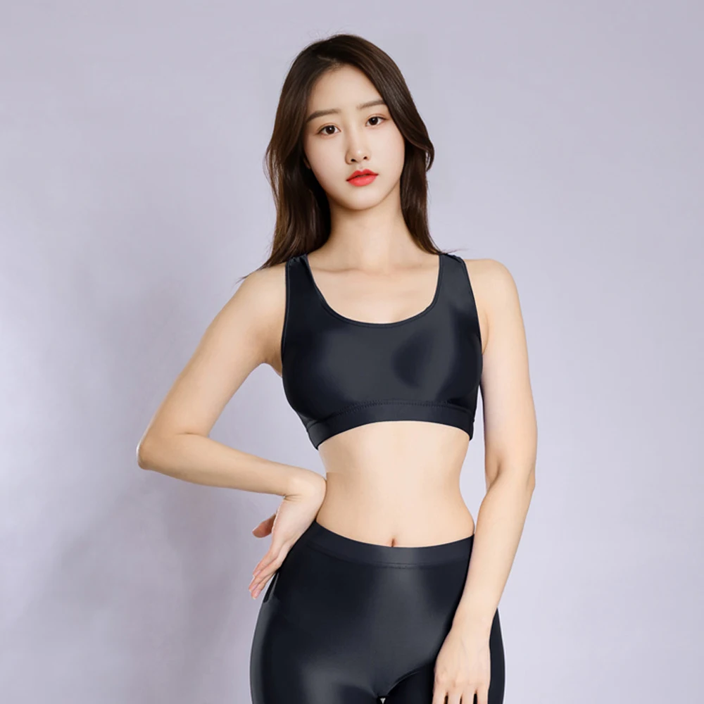 Sexy Women Candy Color Short Vest Oil Glossy Shiny V Neck Stain Tank Top Yoga Elastic Tights Fashion Cute Streetwear