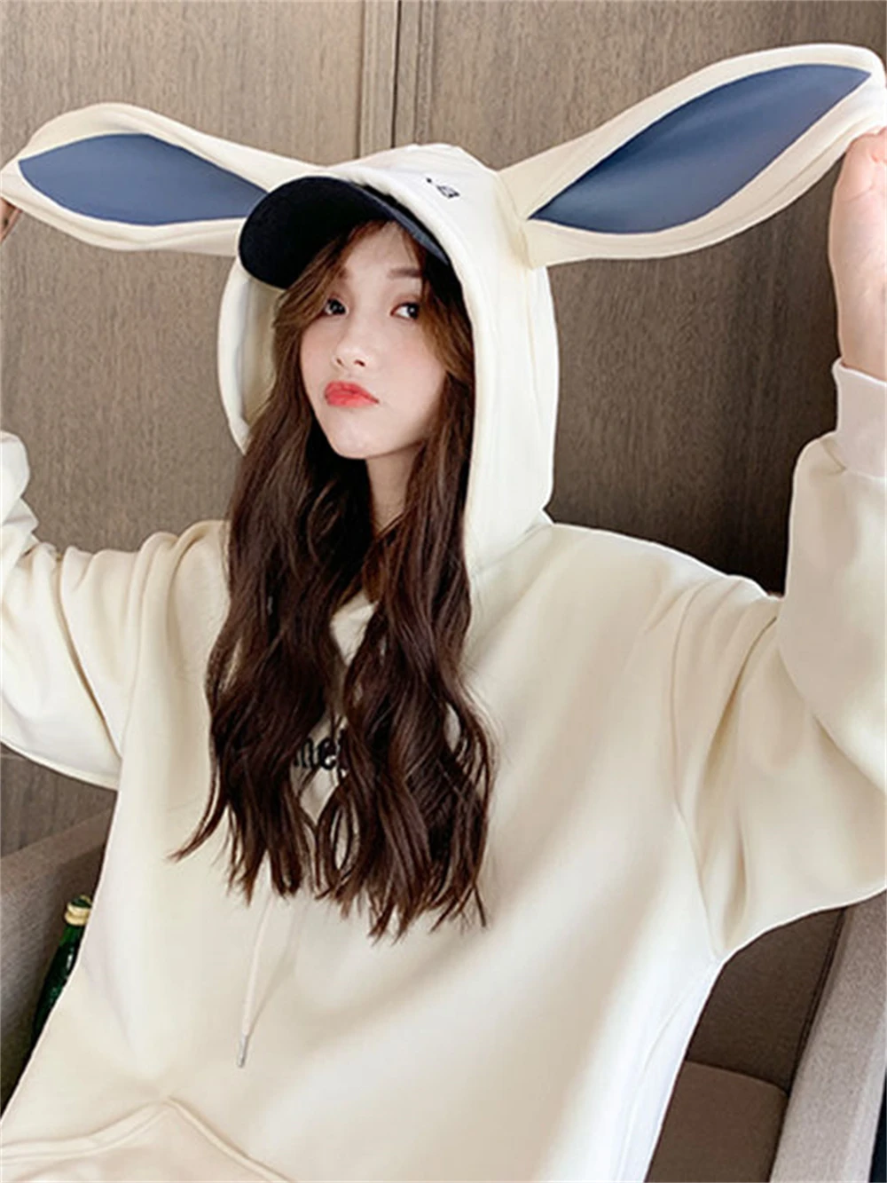 Sweet Cute Preppy Style Rabbit Ears Plus Velvet Thick Hoodies Women Loose Long Sleeve Pullover Kangaroo Pocket Tops Sweatshirt