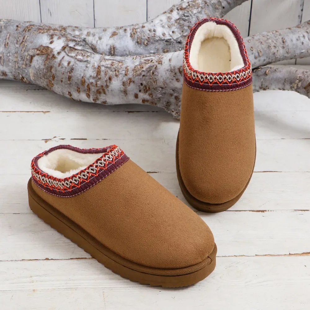 Leather FuWool Slippers Women Snow Boots Keep Warm Platform Cotton Shoes   Autumn and winter long wool cotton boots