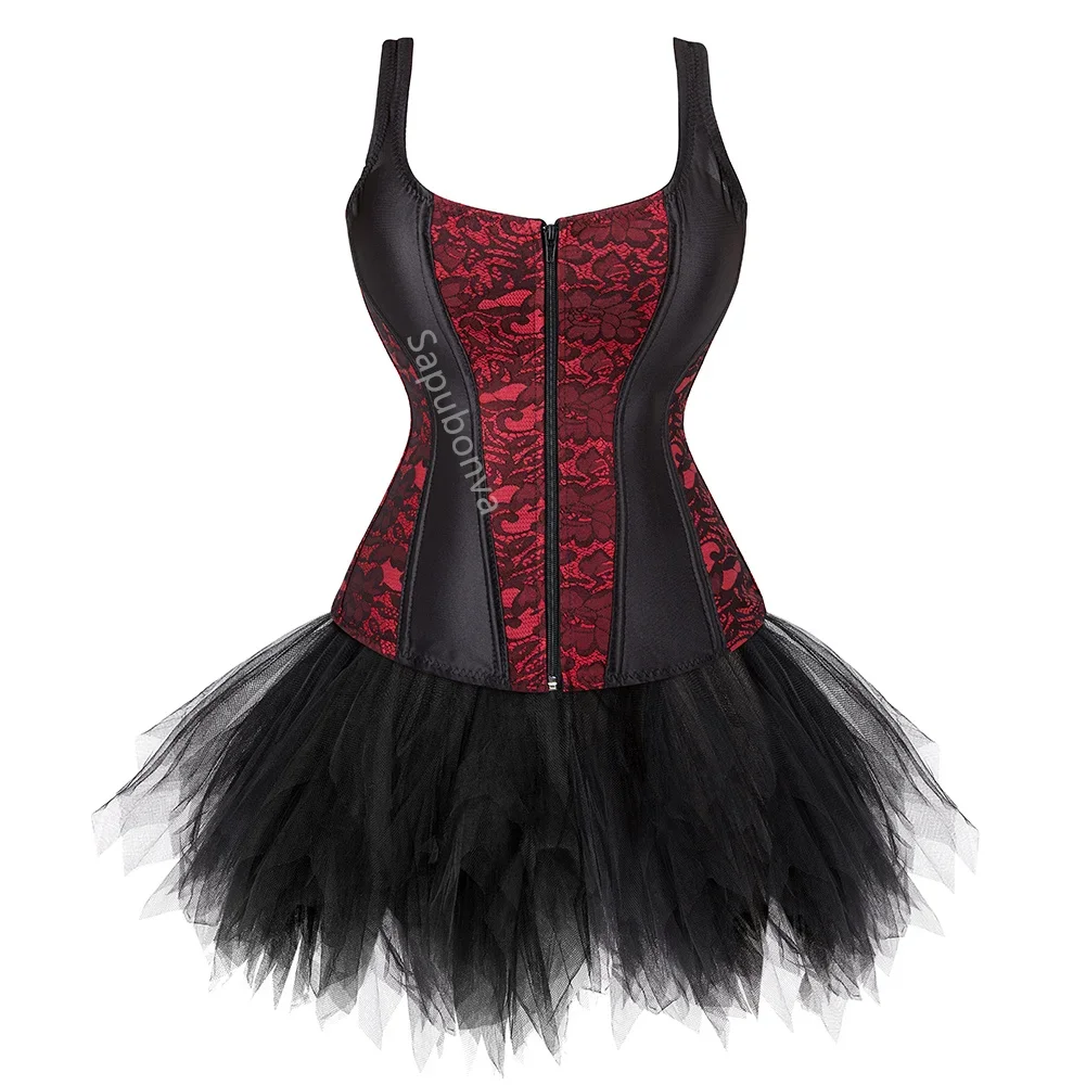 

Corset Dress Skrits Top Set With Lace Strap Zipper Costume Party Sexy Burlesque Ladies Outfit Plus Size Gothic Halloween Red