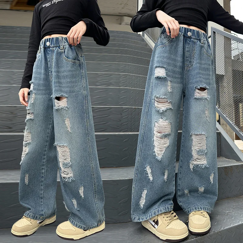 

Hot Sale Girls' Fashion ripped Hole Jeans Spring Autumn Teenage Children's Retro Trendy Straight Denim Pants Children's Clothing