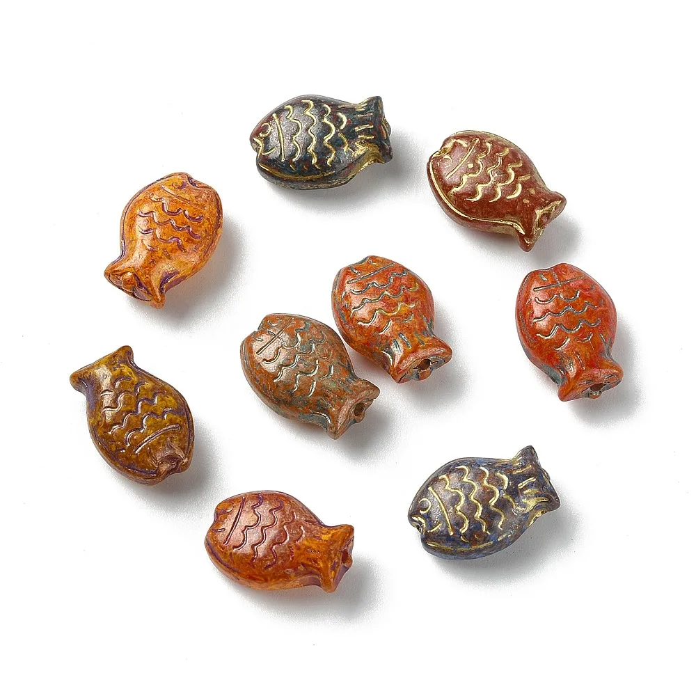 50pcs Vintage Golden Metal Enlaced Fish Lampwork Beads Mixed Color Carved Loose Beads For Bracelet Necklace Jewelry Craft Making
