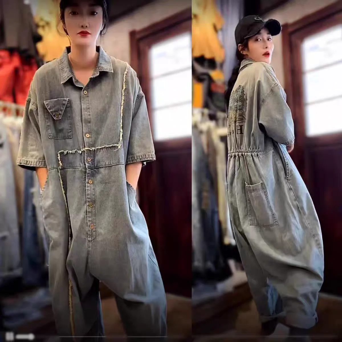 

Female new summer and beginning autumn Personality washed do-old half-sleeve and wide leg casual loose denim jumpsuit