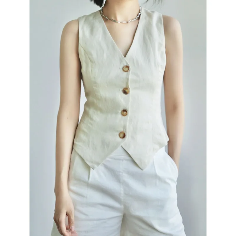 Vintage Simple New Women Fashion White Cropped Vest V-Neck Single Breasted Sleeveless Female Chic Lady Outfit Short Top Tank