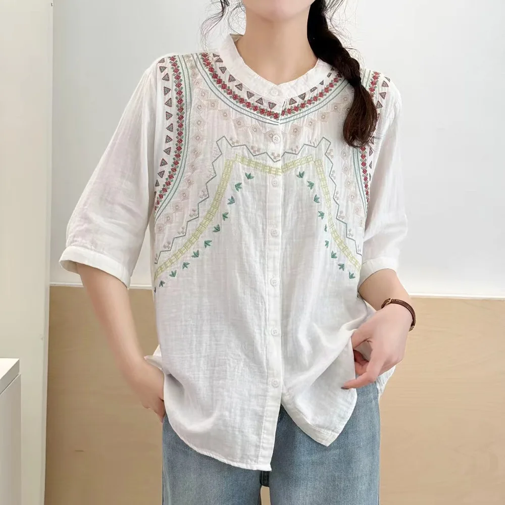 Novo 2025 verão algodão fio meia manga camisa, feminino o pescoço bordado retalhos, mori menina doce commute blusa solta t55216cc