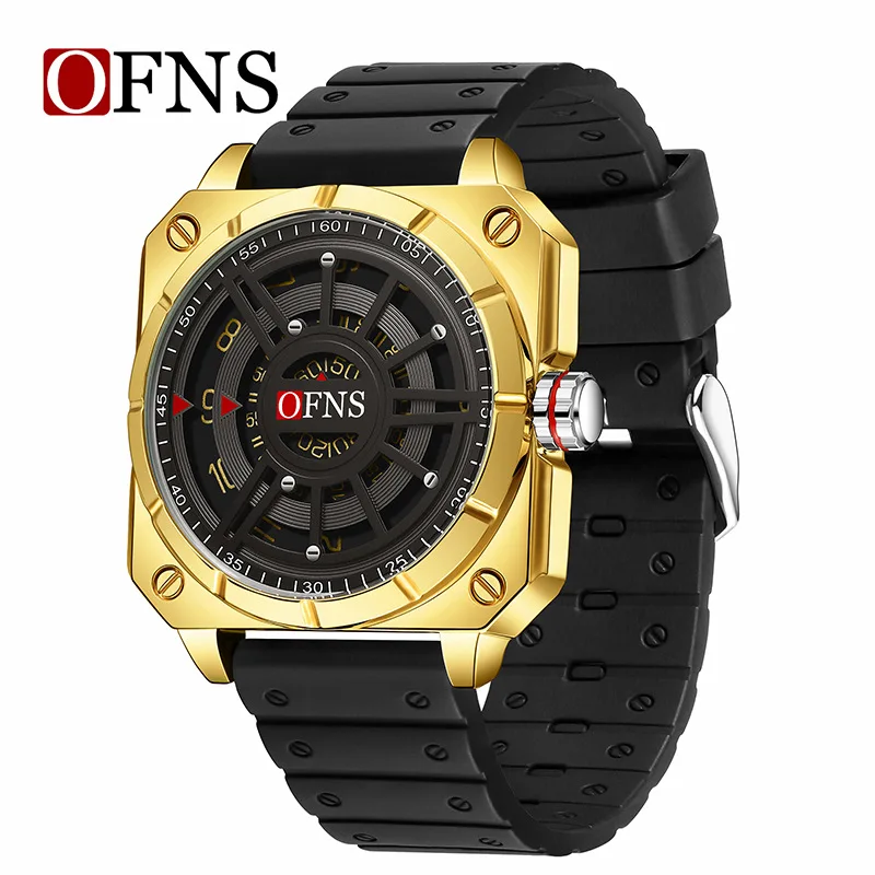 OFNS 8026 Reloj de cuarzo para hombre con esfera grande, creativo, único y fresco, reloj de pulsera con correa de silicona resistente al agua para negocios