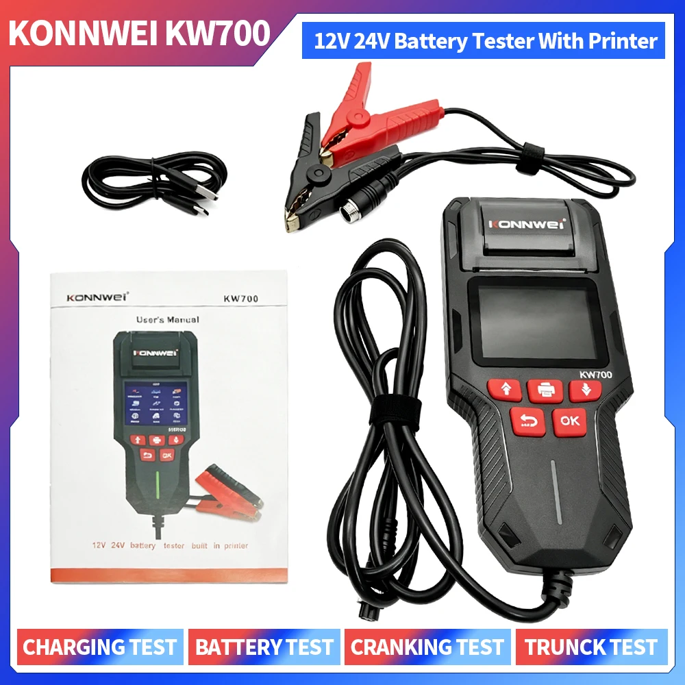 2026 New Car Truck Battery Tester KW700 12V 24V Battery Analyzer With Print Function Cranking Charging Test Tool 10-2000CCA