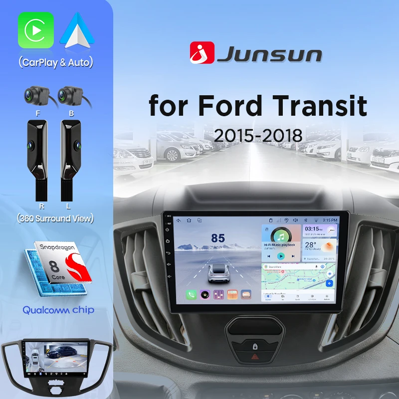 Autoradio Junsun pour Ford Transit 2015 2016 2017 2018 Android Auto 360 °   Autoradio multimédia sans fil CarPlay SWC Nav 8-coreNavi 4G-LTE WiFi DSP RDS BT SWC Écran tactile IPS Lecteur vidéo Stéréo