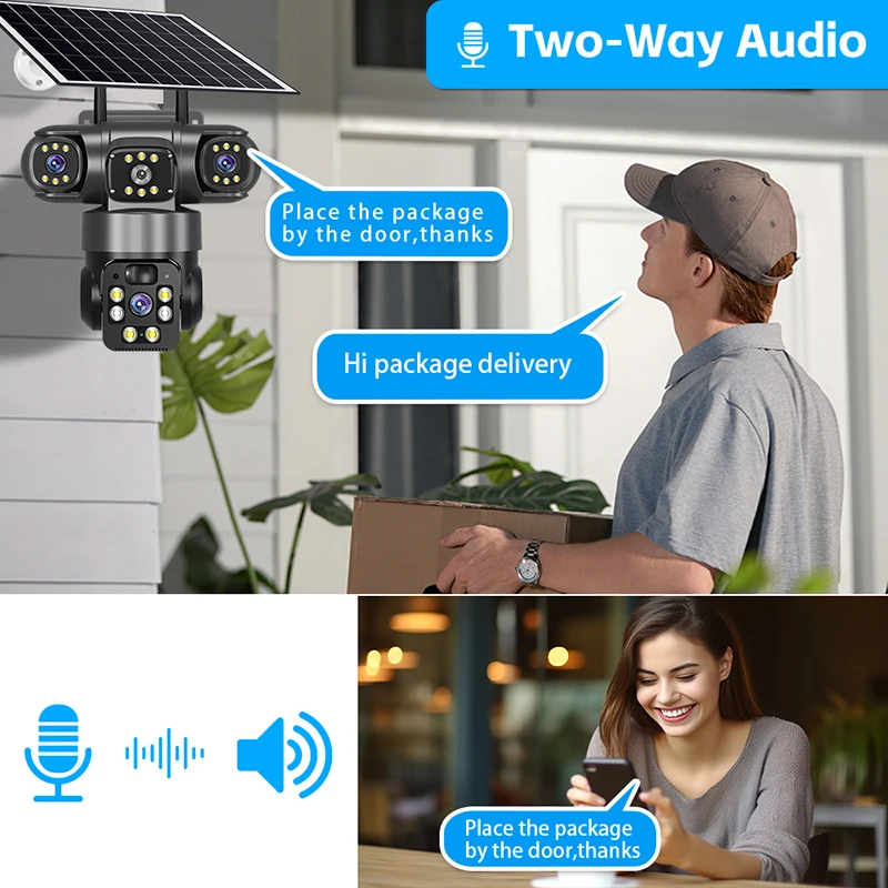 كاميرا V380 ثلاثية العدسات لوحة القيادة كاميرا تعمل بالطاقة الشمسية مع بطاقة Sim 4G 12MP كاميرا CCTV لاسلكية ذكية تعمل بالواي فاي داخلية وخارجية