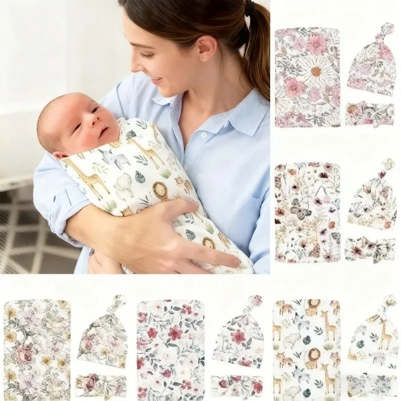 طقم قماط وعصابة رأس للأطفال - بطانيات استقبال مطبوعة لحديثي الولادة. إكسسوارات أطفال. صاحبة أطفال جديدة