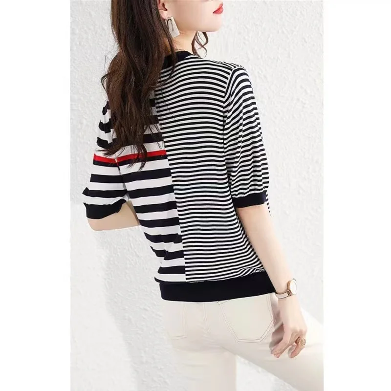 Knit short sleeve women's ice silk blouse fashionable new round collar black and white striped cotton T-shirt loose half sleeve